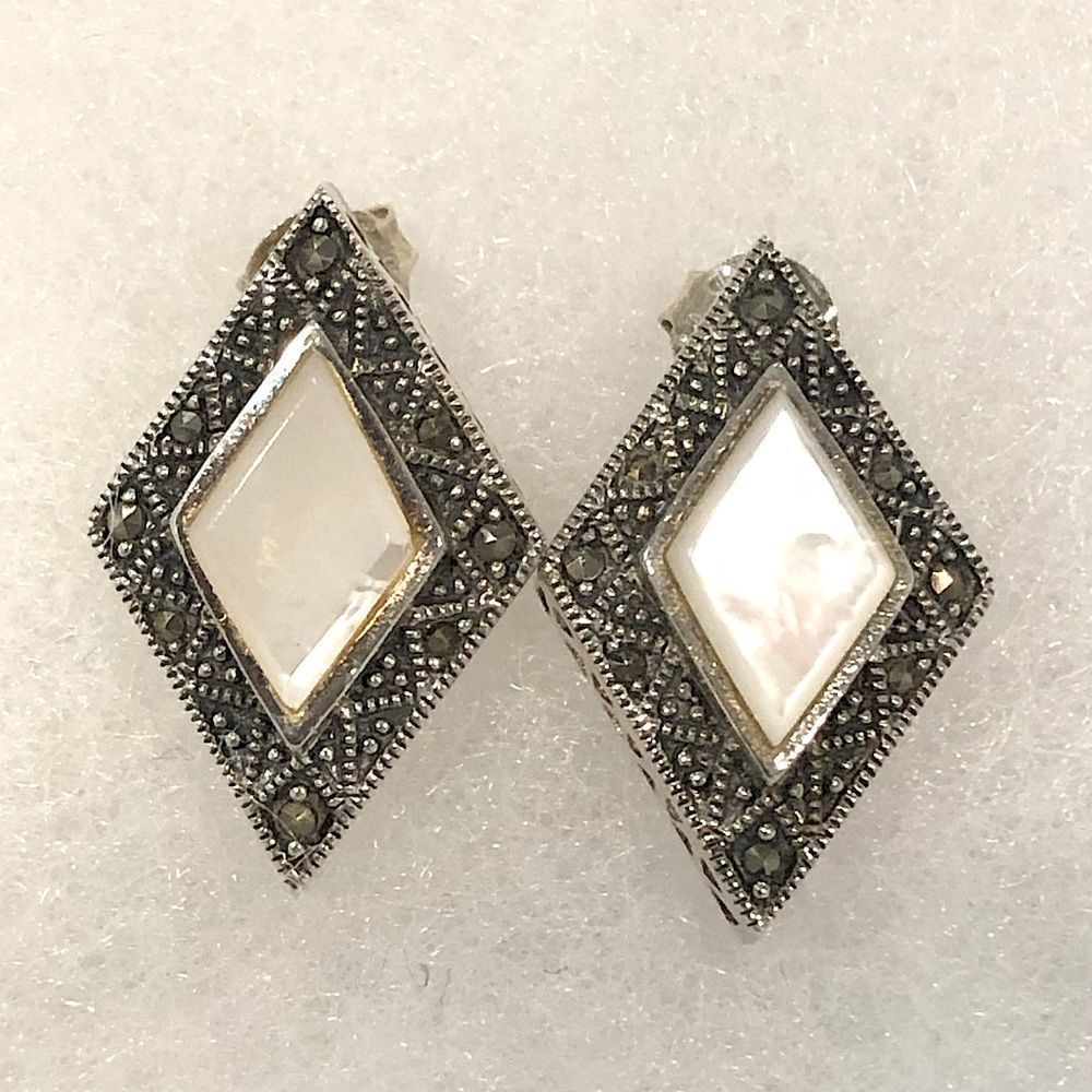 Diamond Shaped Mother of Pearl Marcasite Accented Sterling Silver Earrings